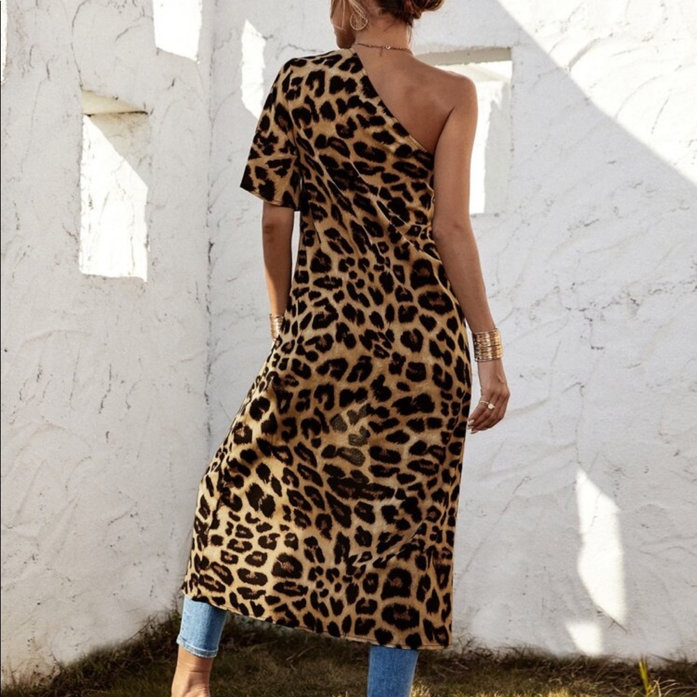 One Shoulder Leopard Print Asymmetrical High Low Tunic Top Blouse Shirt - Picture 2 of 7